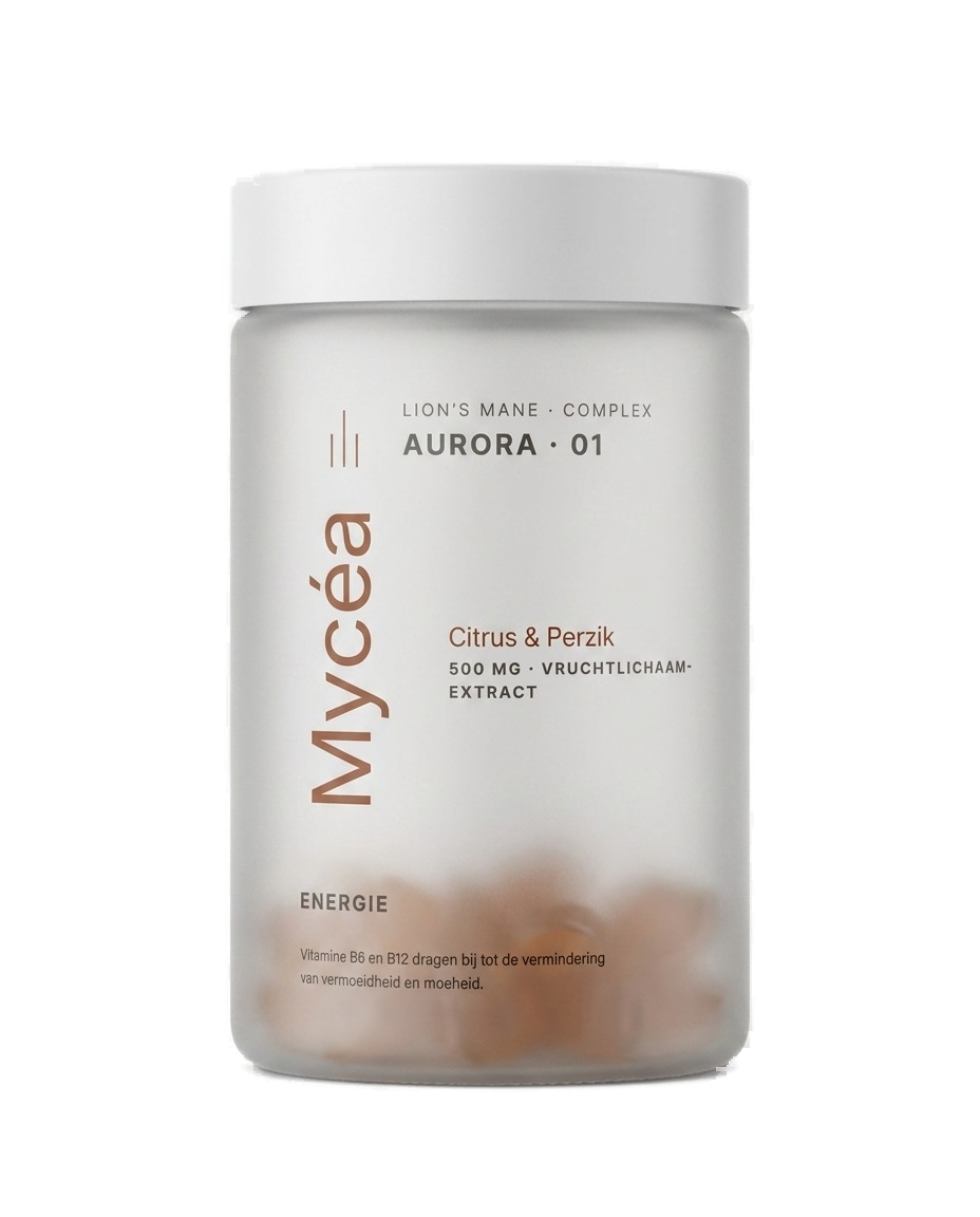 Mycéa Aurora · 01 — frosted pot met Lion's mane complex, Citrus & Perzik