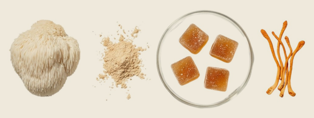 Lion's mane, extractpoeder, gummies en cordyceps naast elkaar